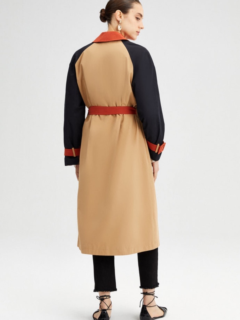 Touchè Colorblock Trench Coat in Camel, Black & Rust Women’s Size 42/US 10 - Picture 5 of 15